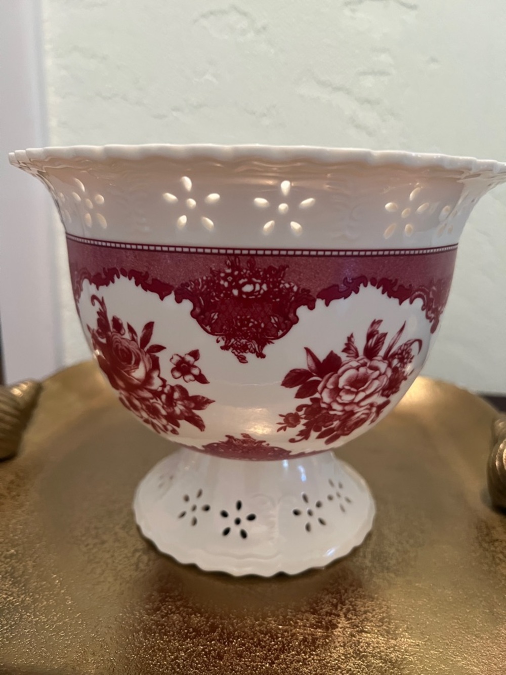 #1817*Vintage-Style White Pedestal Bowl with Red Floral Transferware - Picture 3 of 13